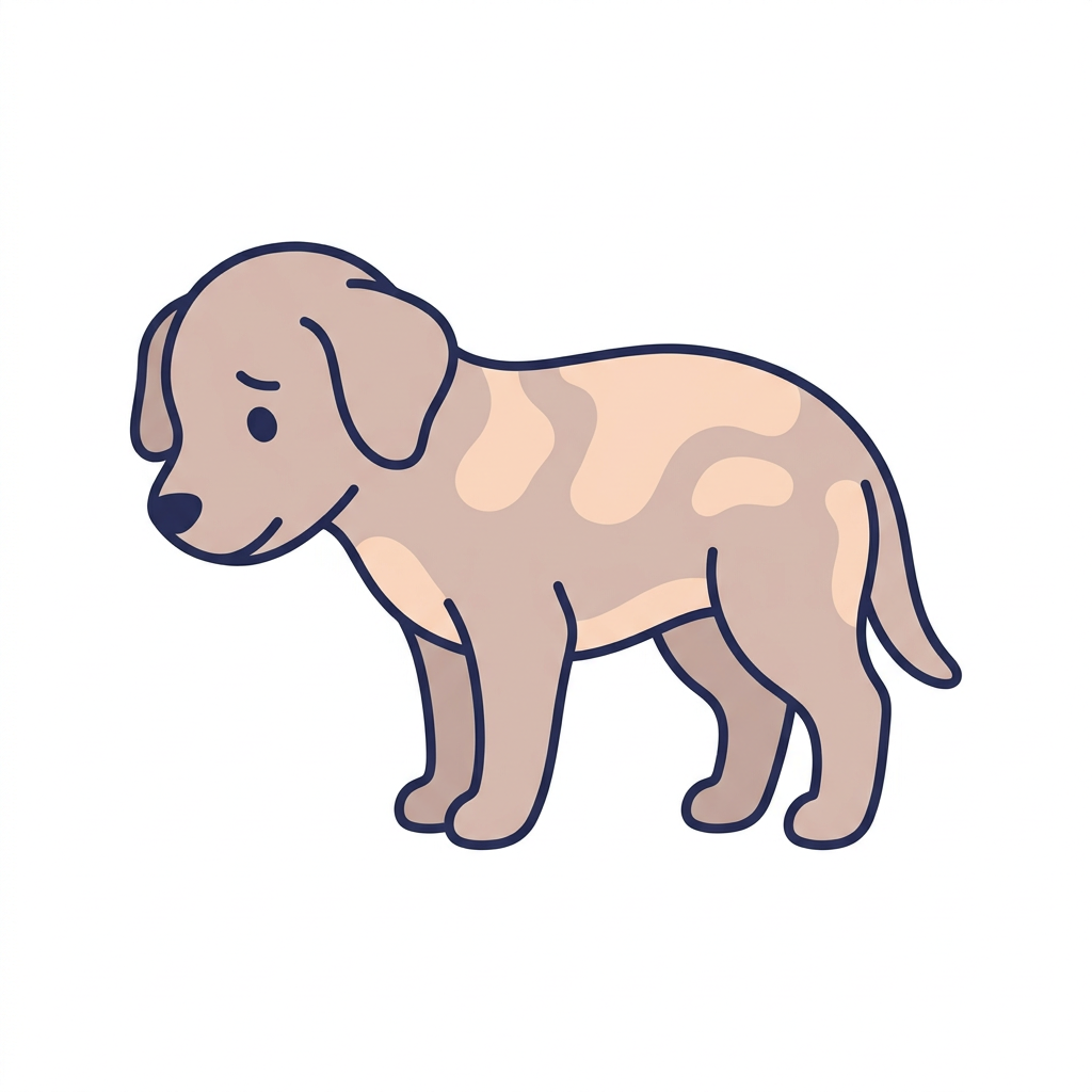 A cartoon illustration of a sad-looking, light brown puppy with patches, standing against a white background.