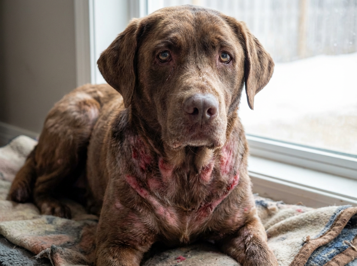 Brown dog with red marks on neck lying by a window.