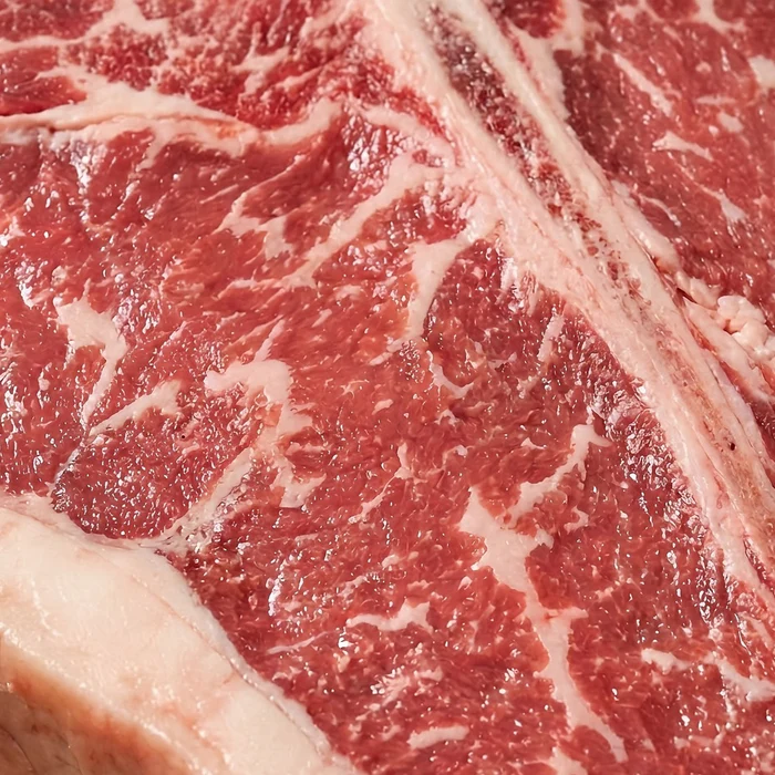 Close-up of marbled raw meat with visible fat layers.