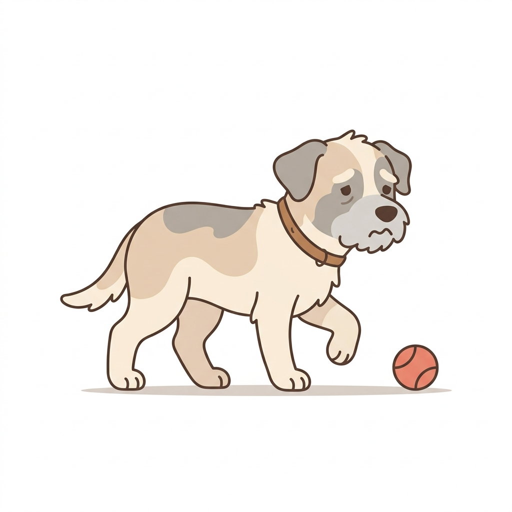 A cartoon illustration of a sad-looking dog with a brown collar approaching a small red ball.