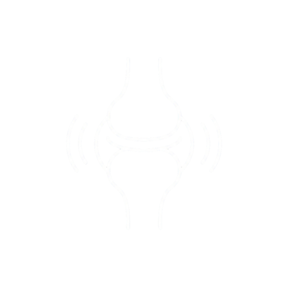 A white line art icon of a human joint, possibly a knee, with vibration lines on either side.