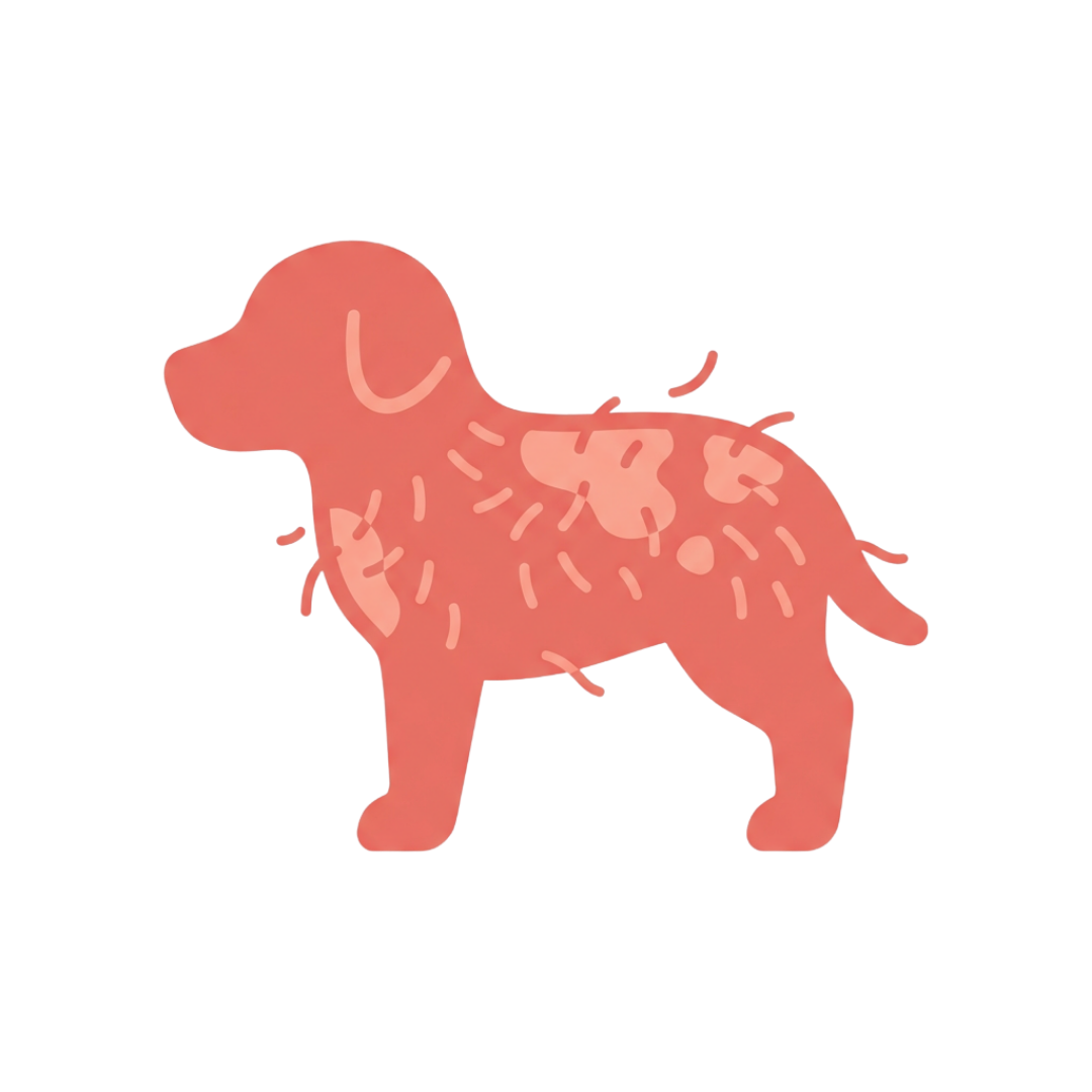 A pink stylized illustration of a dog with skin patches and shedding fur.