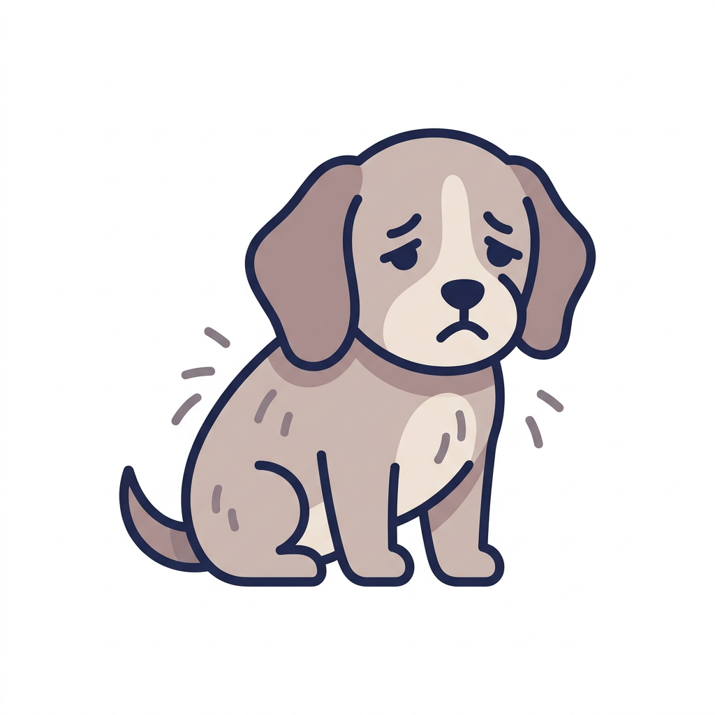 A cartoon illustration of a sad, shivering puppy sitting down against a white background.