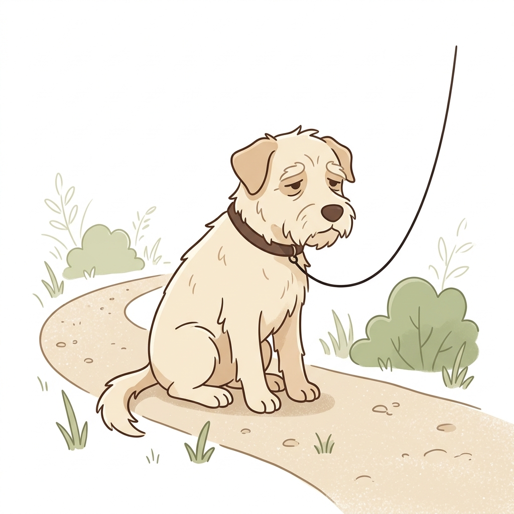 An illustration of a sad-looking, scruffy dog sitting on a dirt path with a leash.