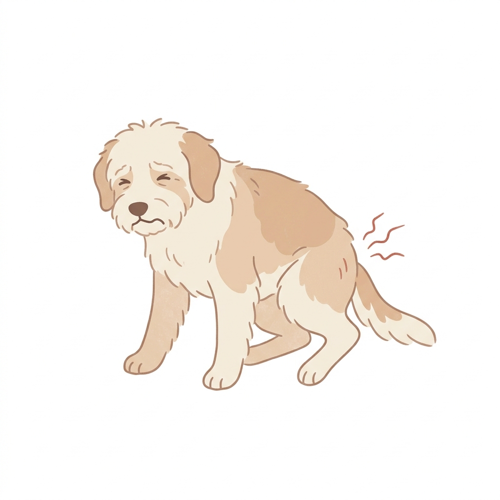 An illustration of a sad-looking dog with pain lines near its tail.