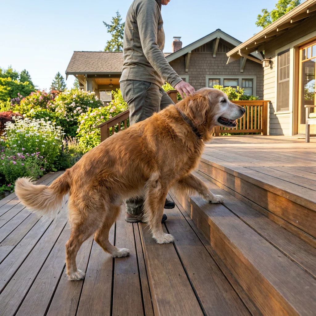 Golden retriever climbing wooden steps with a person in a garden.