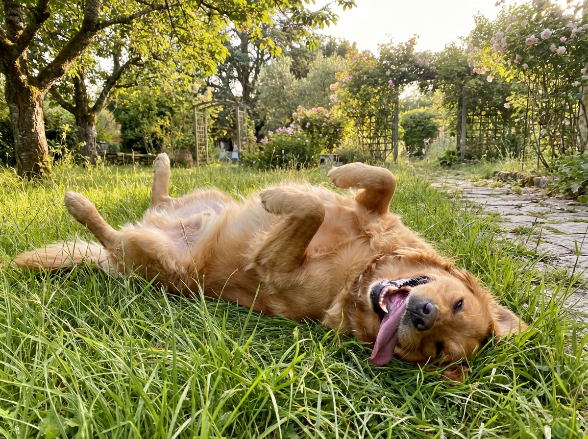 A golden retriever lies on its back in a grassy garden with its tongue out.