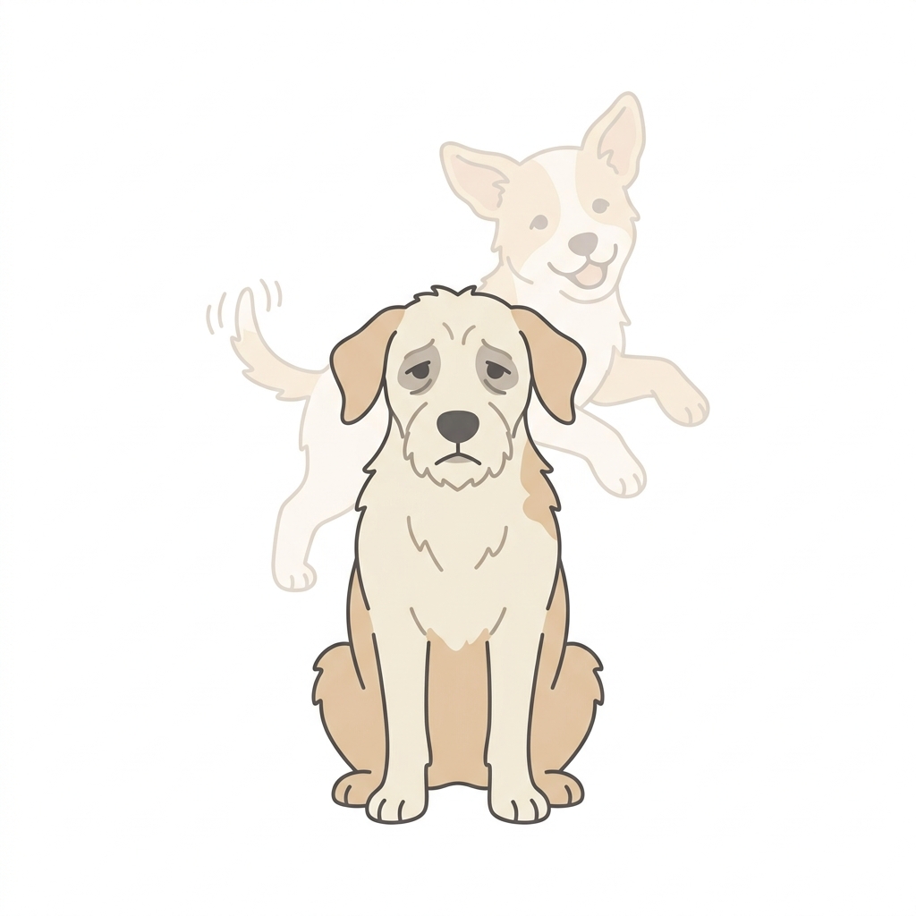 An illustration of a sad, older-looking dog with a faded image of a happy puppy behind it.