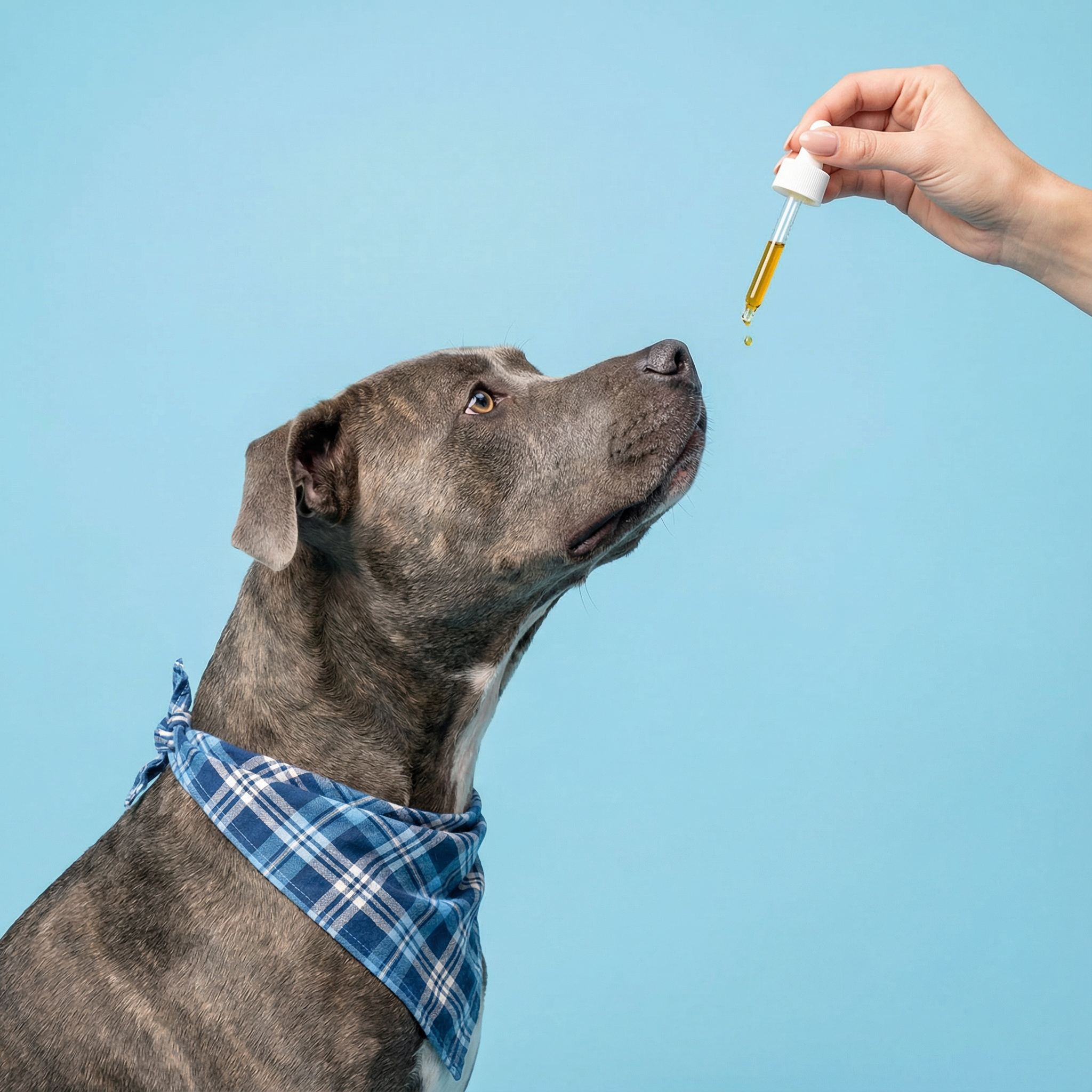 Dog wearing blue bandana looks at dropper with liquid against blue background.