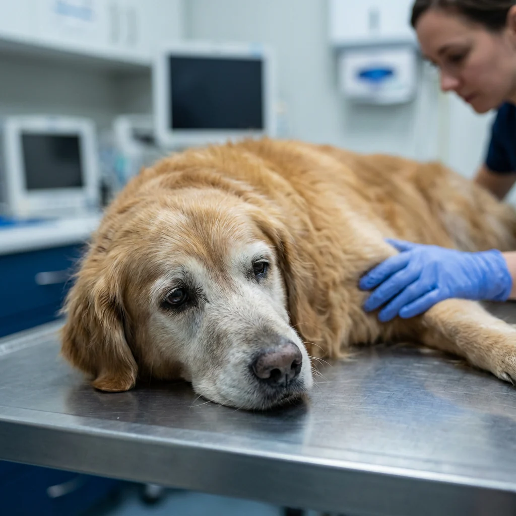 Golden retriever lying on vet's table, being examined by a person wearing gloves.