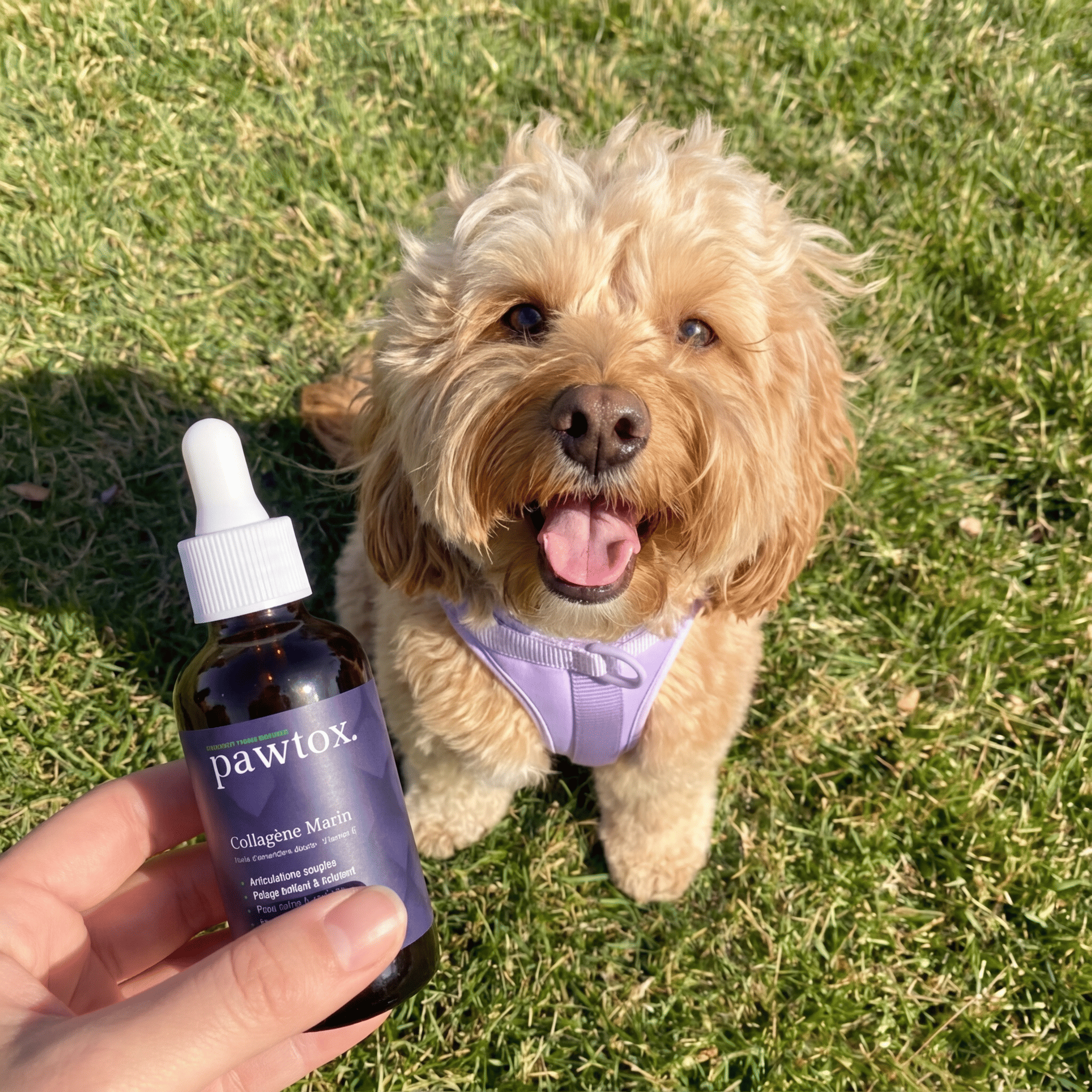 A fluffy dog in a purple harness sits on grass next to a hand holding a supplement bottle.