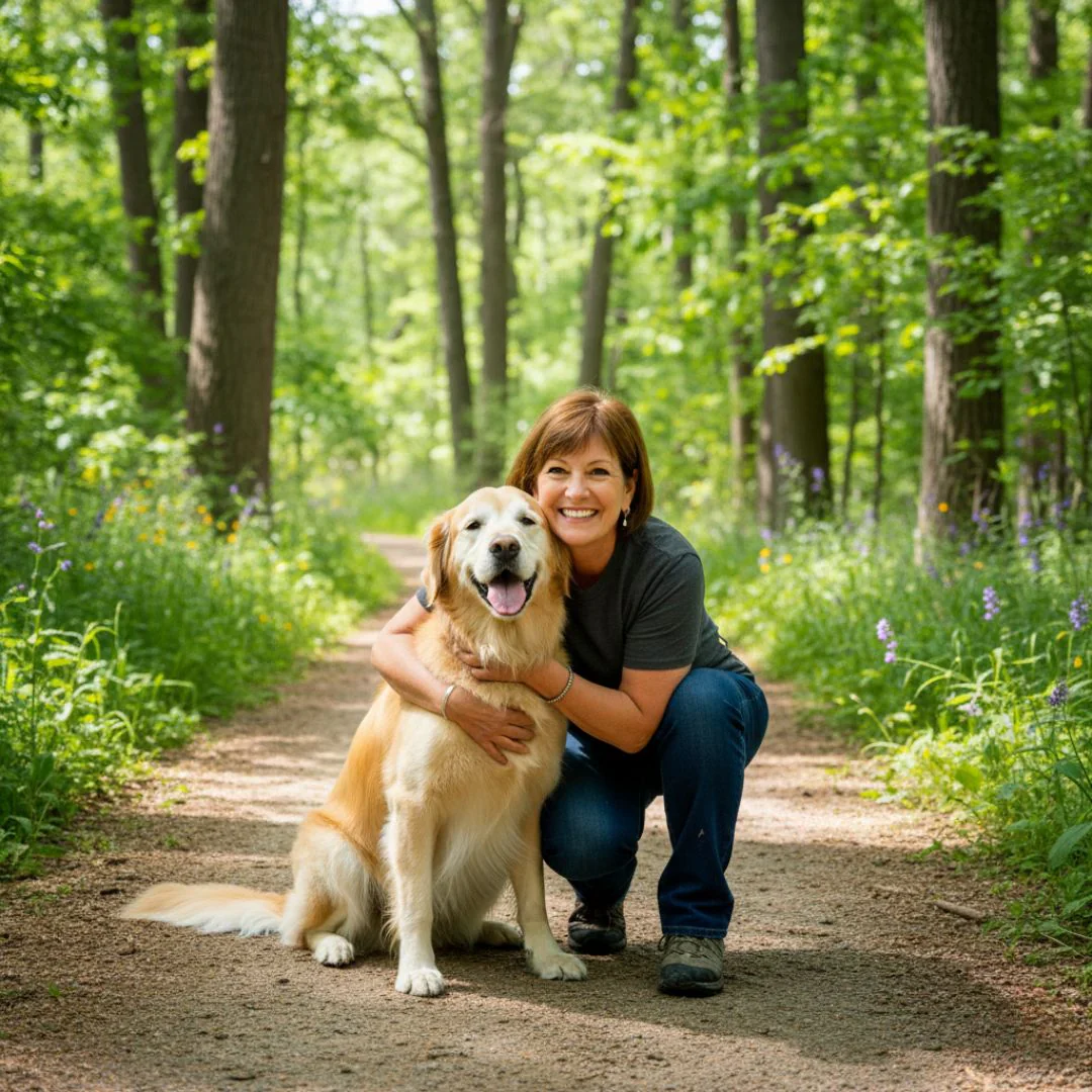 Smiling person kneels by a golden retriever on a forest path.