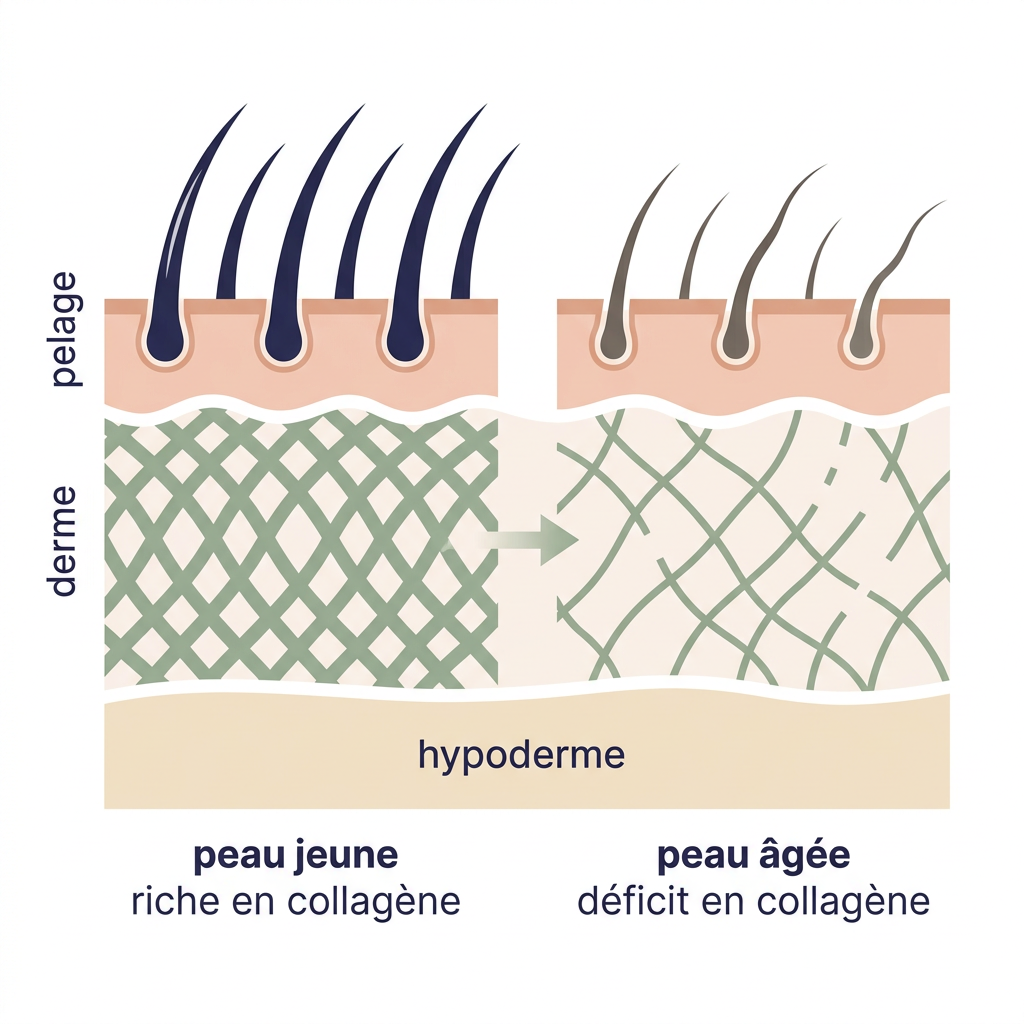 A diagram comparing young, collagen-rich skin with aged skin, showing collagen deficit and thinning hair.