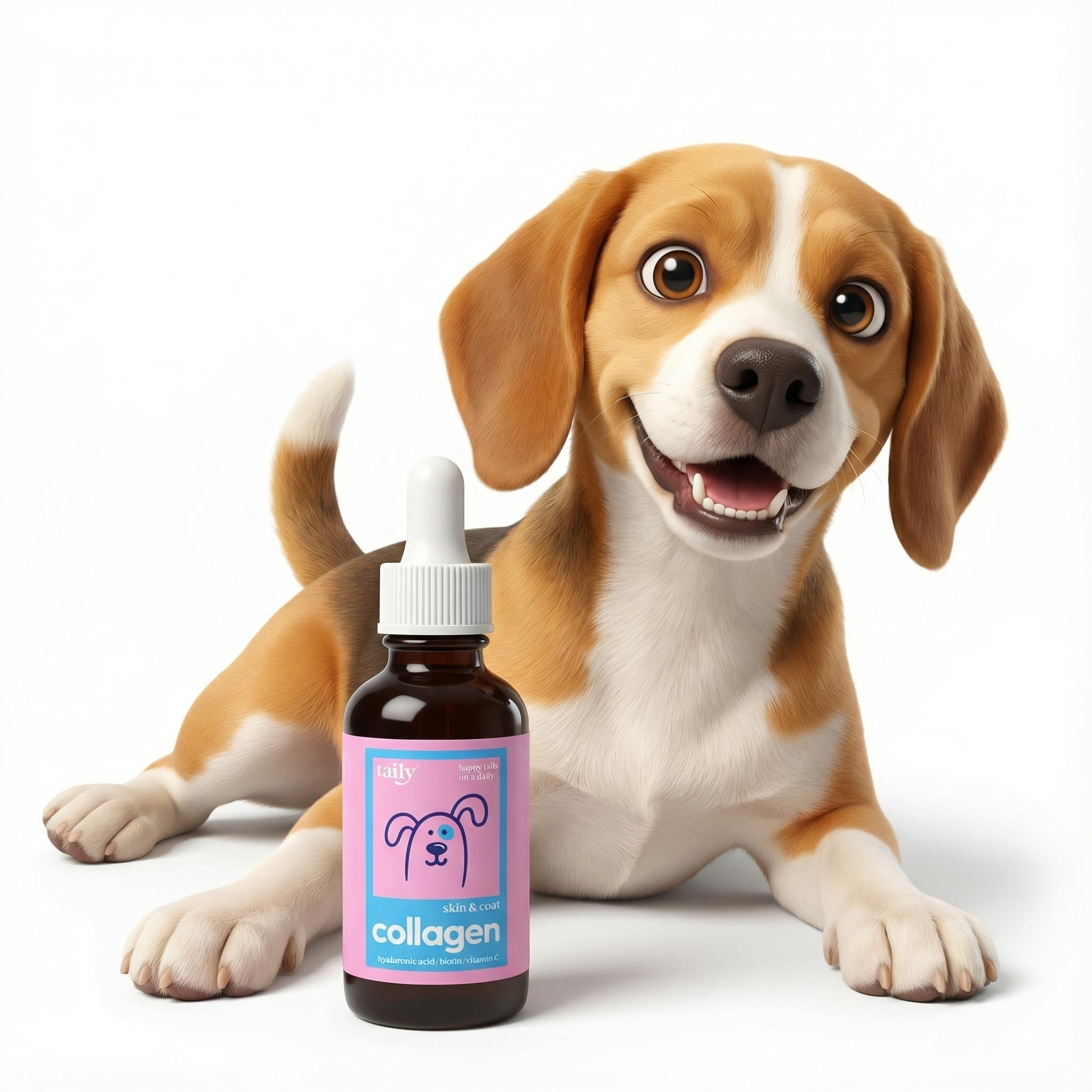 Cartoon dog with a bottle labeled 'collagen' with a dropper.