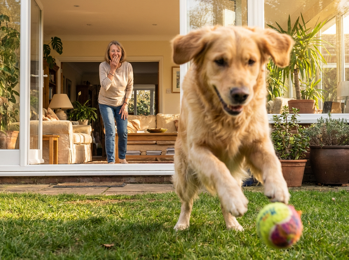 A golden retriever chases a ball on the lawn as a woman laughs from a doorway behind.