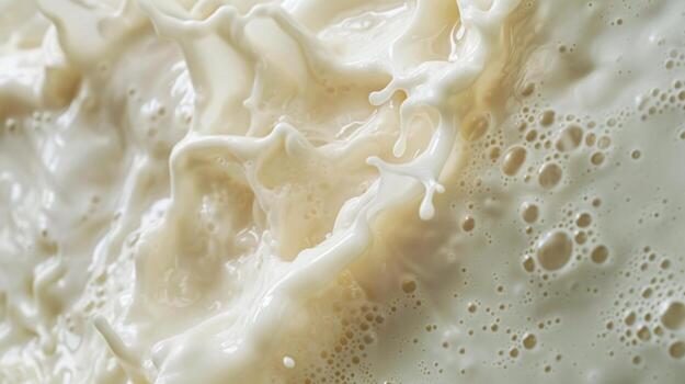 Close-up of milk splashing with bubbles and ripples.