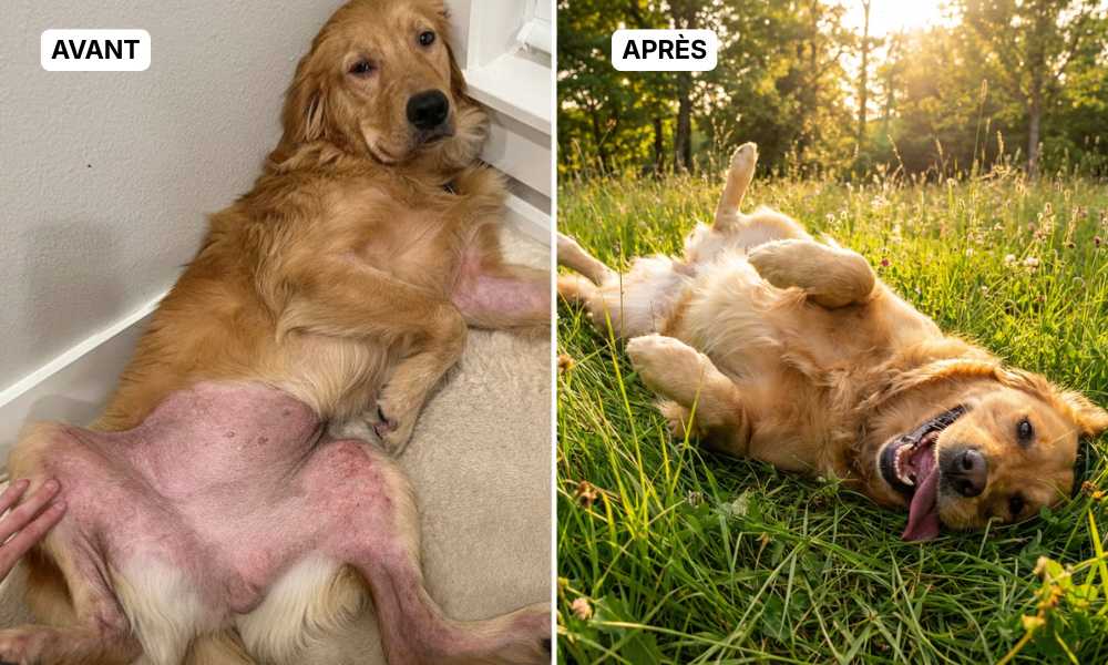 A before-and-after diptych of a golden retriever recovering from a skin condition, now happy in a field.
