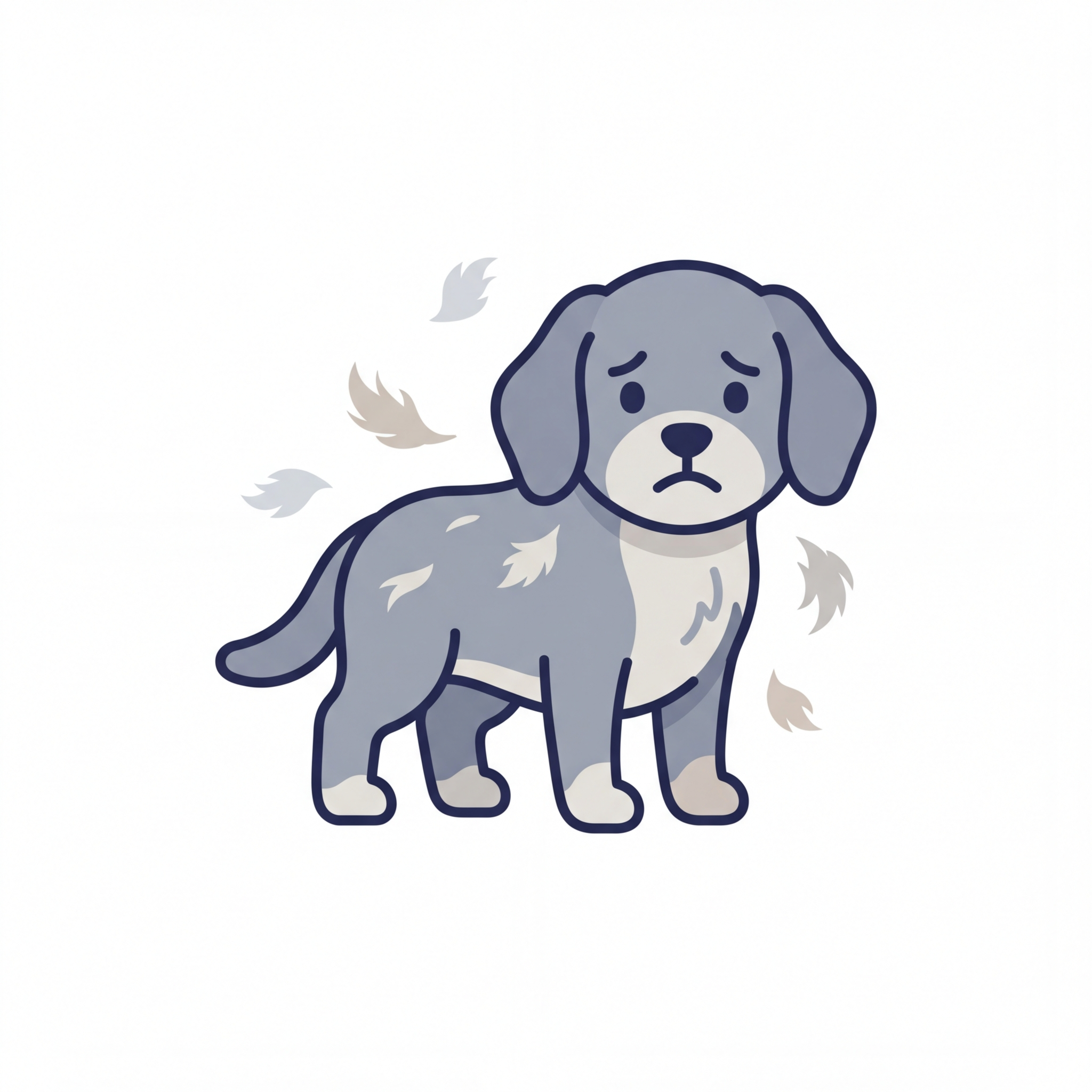 A cartoon illustration of a sad, grey puppy with fur shedding around it on a white background.