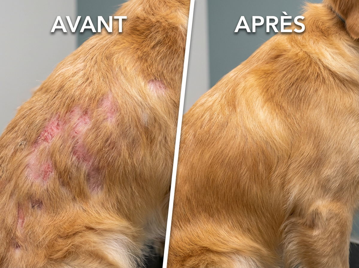 A before-and-after comparison of a dog's back, showing irritated skin healing and fur regrowing.