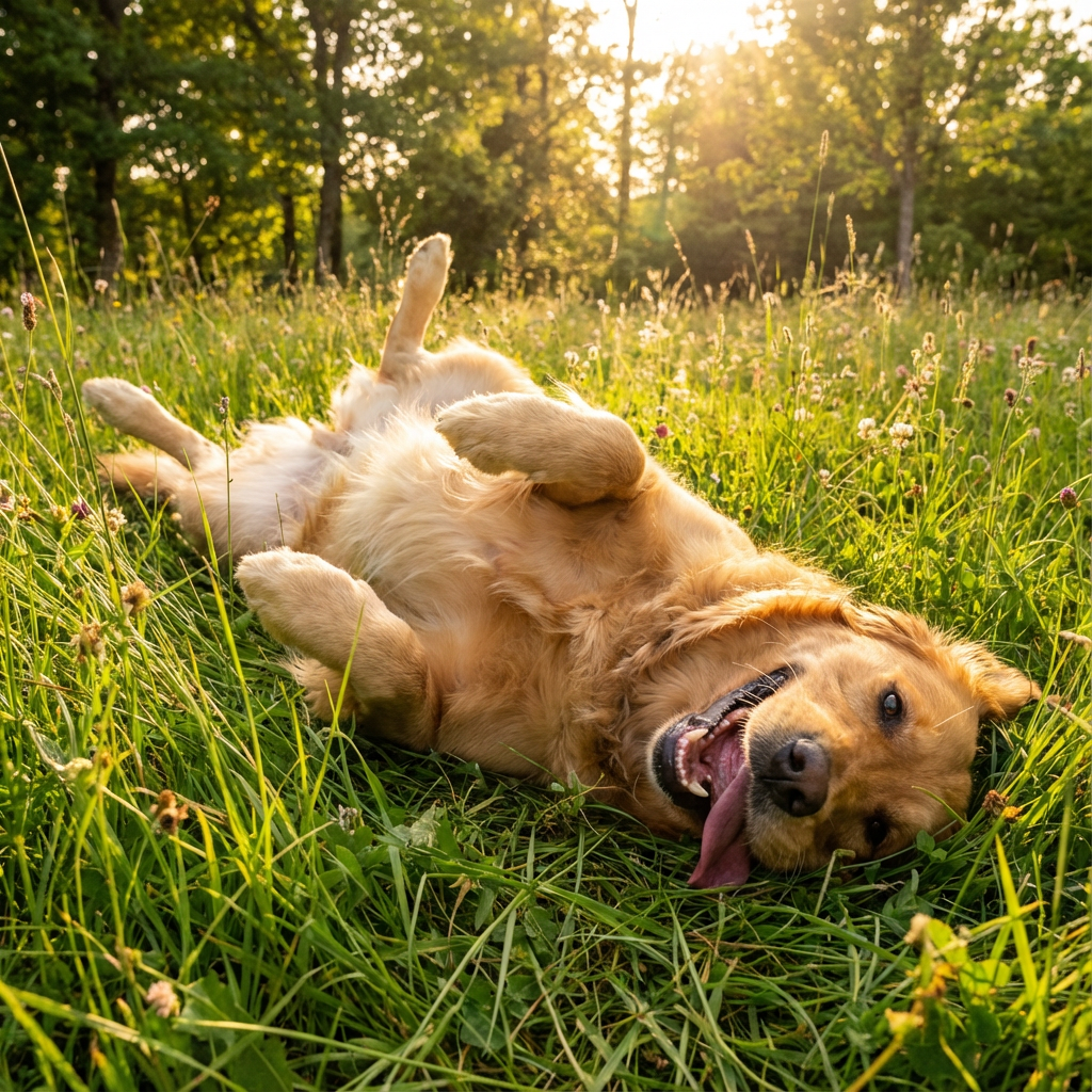 A happy golden retriever dog lies on its back in a sunny field of green grass.