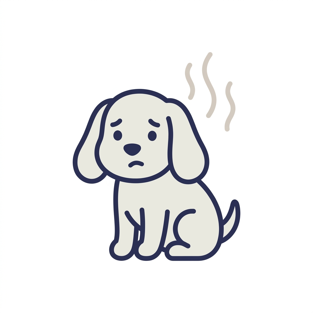 A cartoon illustration of a sad, smelly dog sitting down.