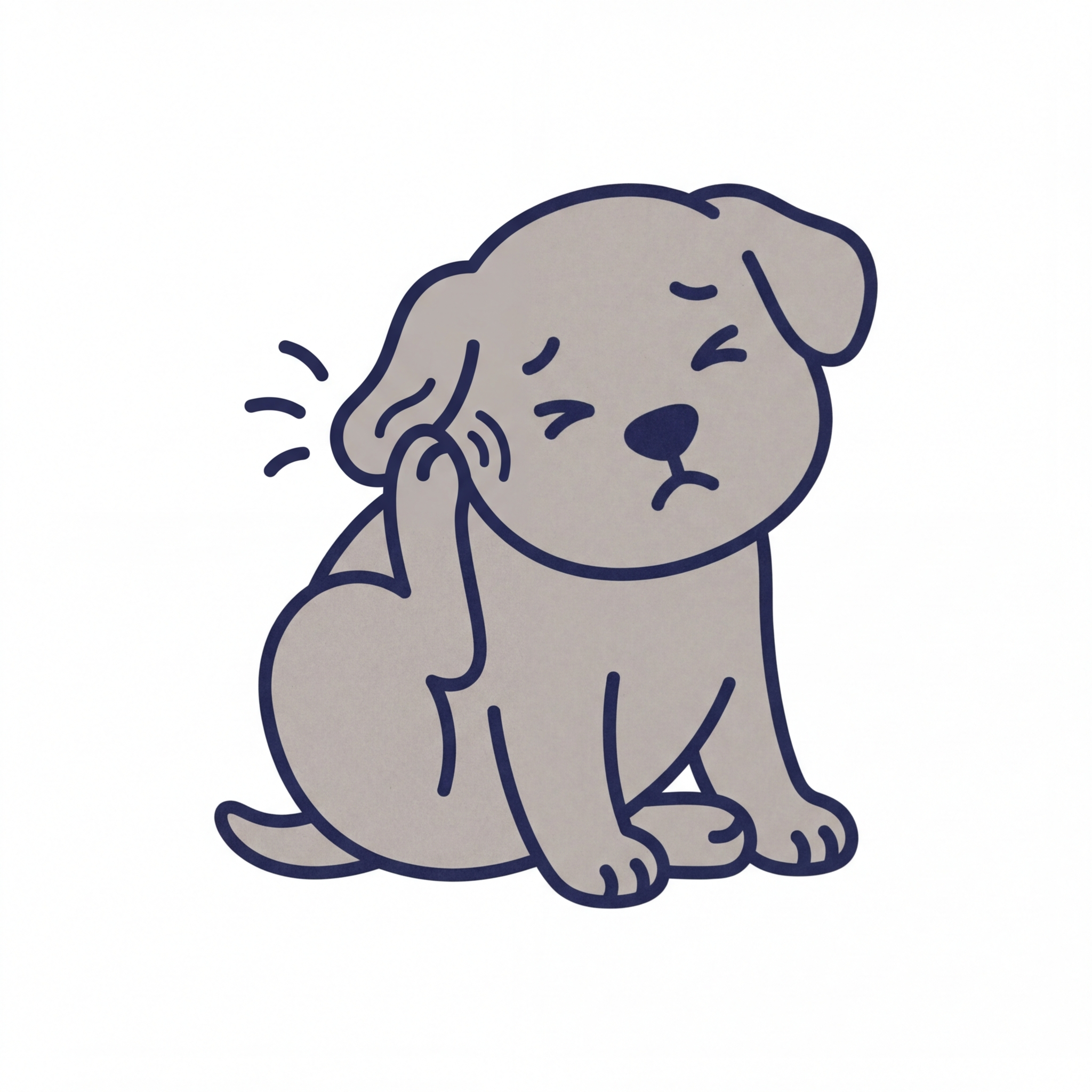 A cartoon drawing of a gray puppy scratching its ear with its hind leg.