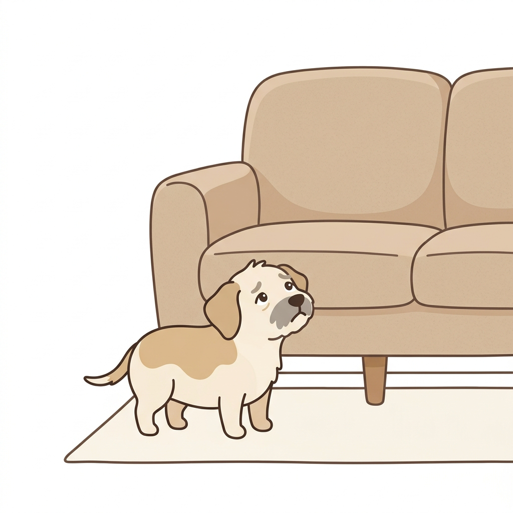 A cartoon illustration of a small puppy with floppy ears looking up at a tan sofa.