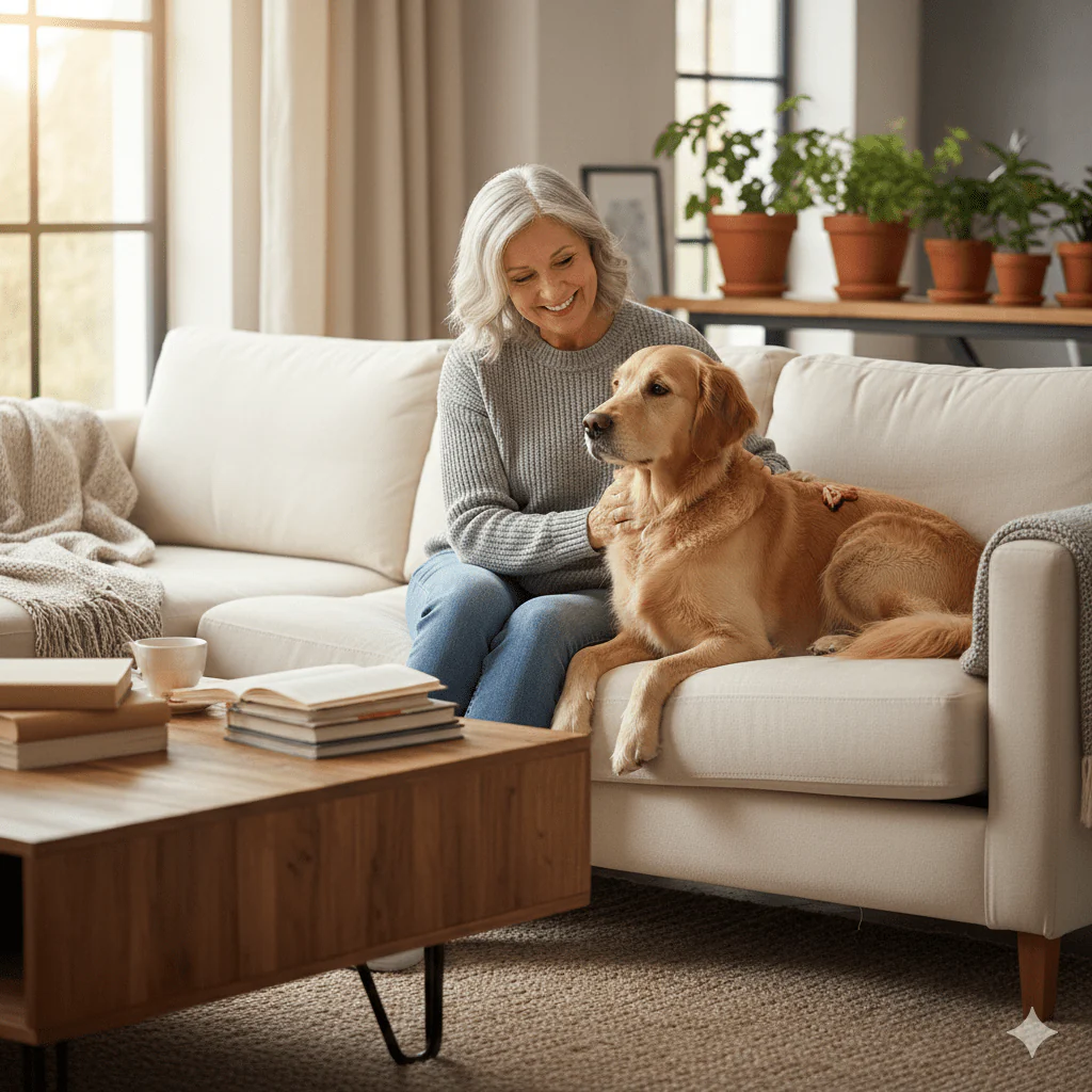 A smiling woman with gray hair sits on a couch and pets a golden retriever lying next to her.