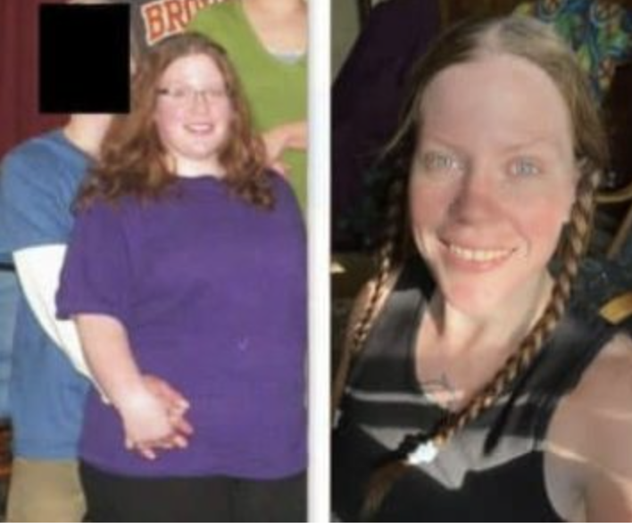 Two side-by-side photos of a woman, showing a transformation over time.