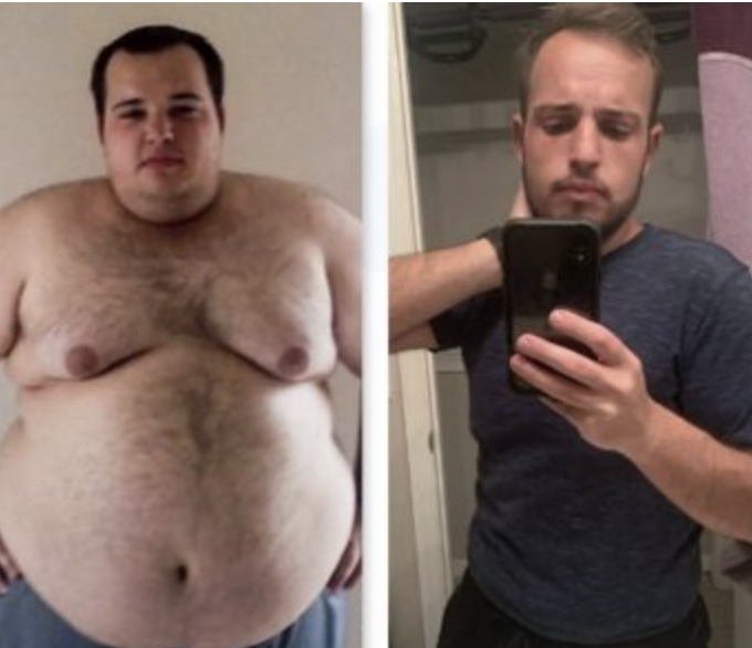 Two side-by-side photos showing weight loss transformation of a man.