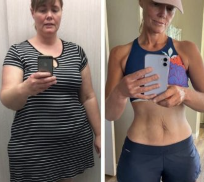 Two side-by-side mirror selfies showing a woman's fitness transformation.