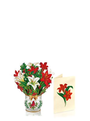 Illustration of a vase with red and white flowers and a matching greeting card.