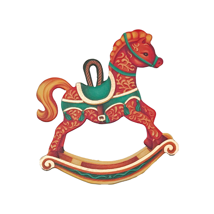 Decorative toy rocking horse with ornate patterns.