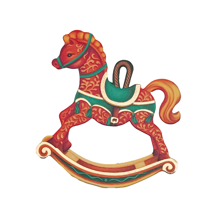 Colorful rocking horse ornament with intricate patterns.