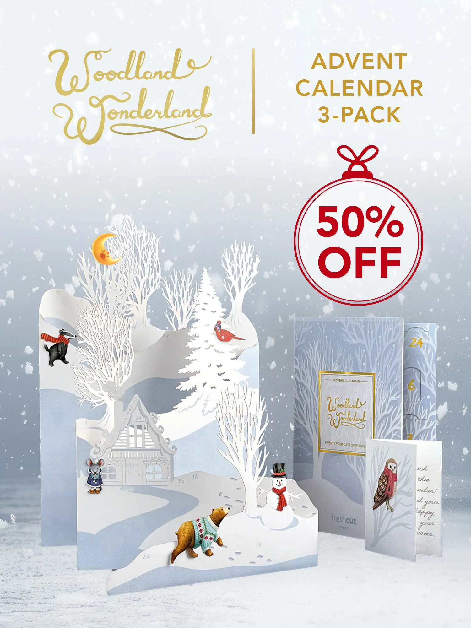 Woodland-themed advent calendar with animals, snowman, and 50% off label.