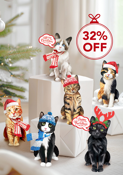 Five cats in holiday attire with a 32% off sign.
