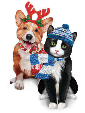 Cartoon dog with antlers and cat in winter hat and scarf.