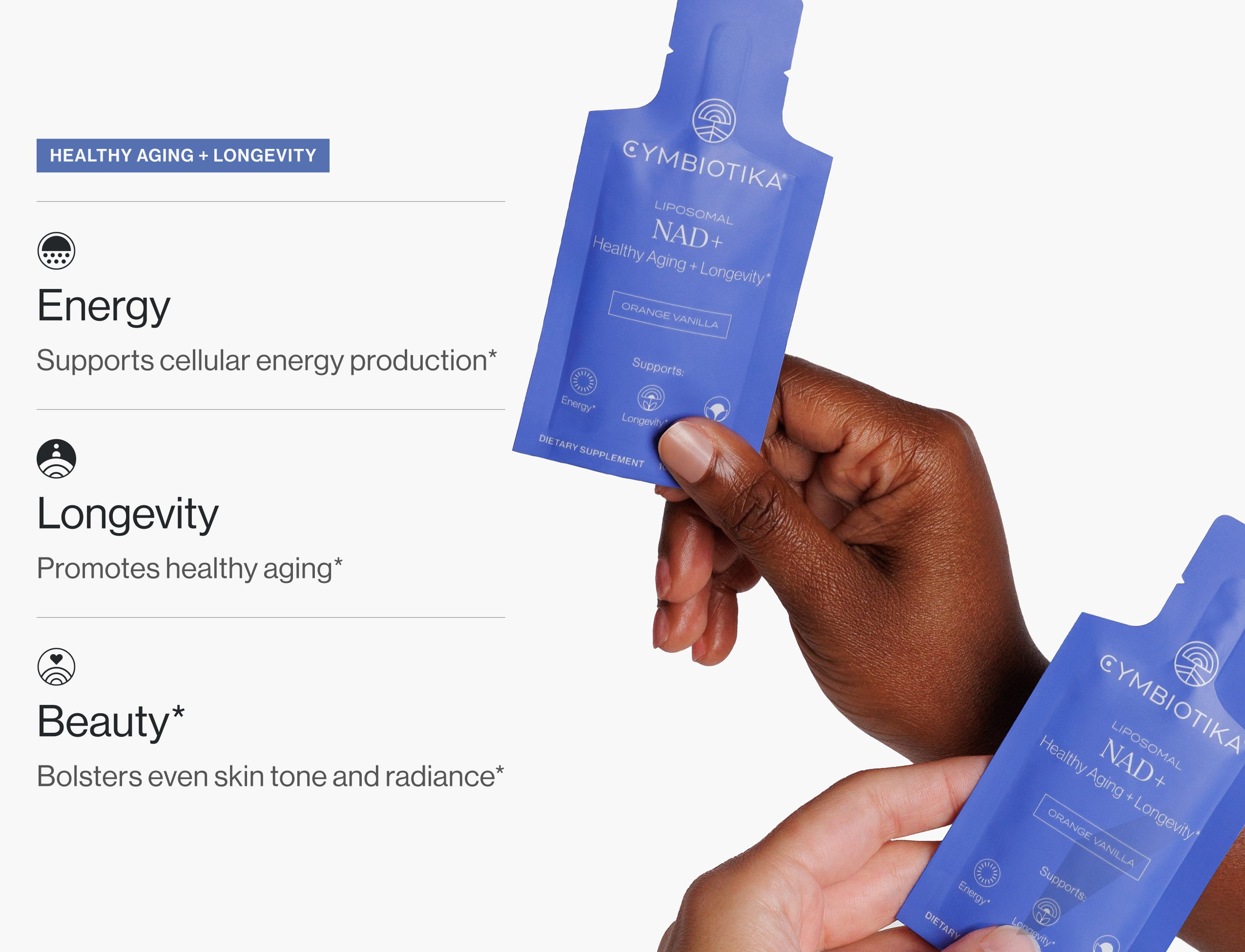 Two hands hold packets of Cymbiotika Liposomal NAD+ supplement next to a list of its benefits.