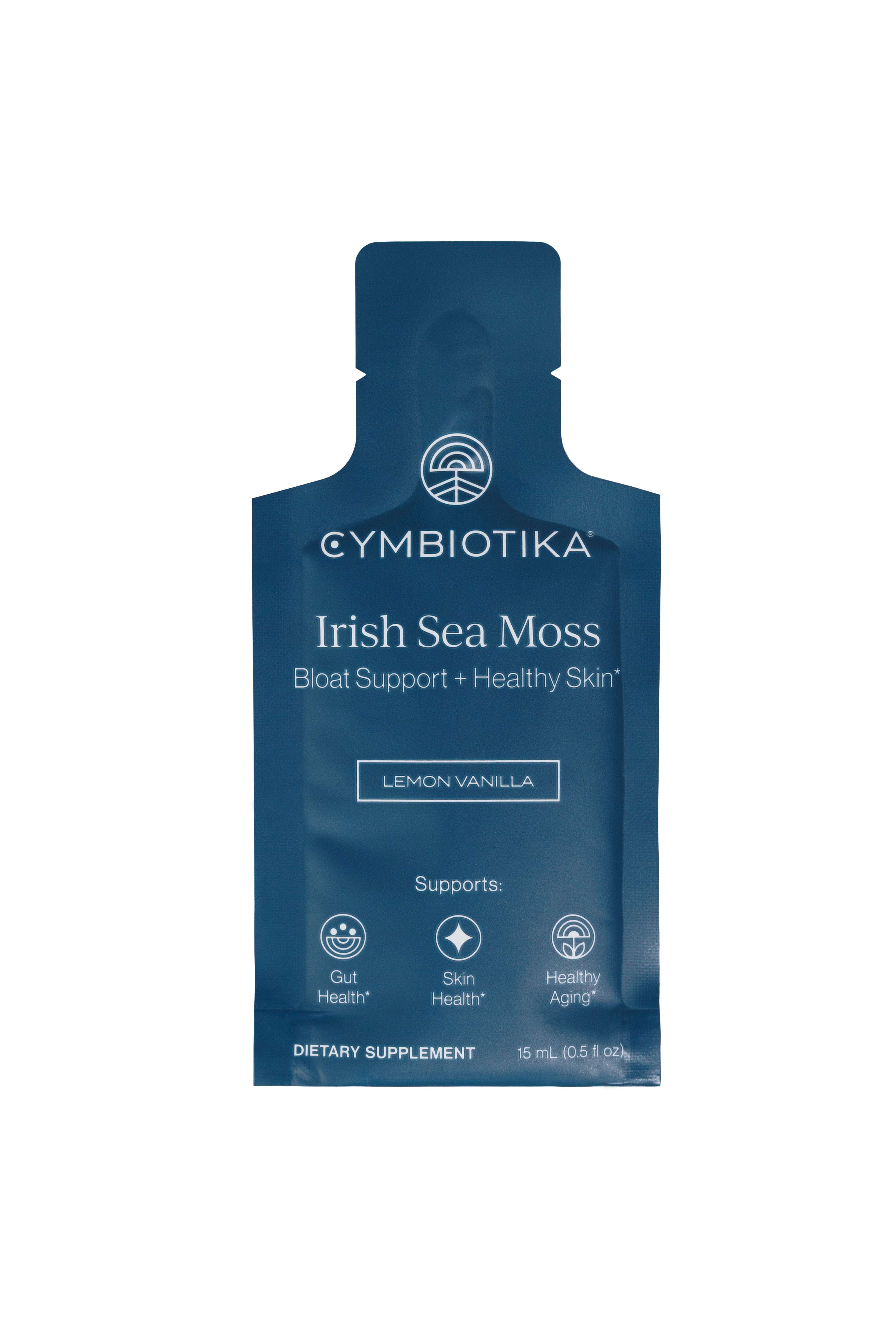 Blue packet labeled 'Cymbiotika Irish Sea Moss, Lemon Vanilla' dietary supplement.