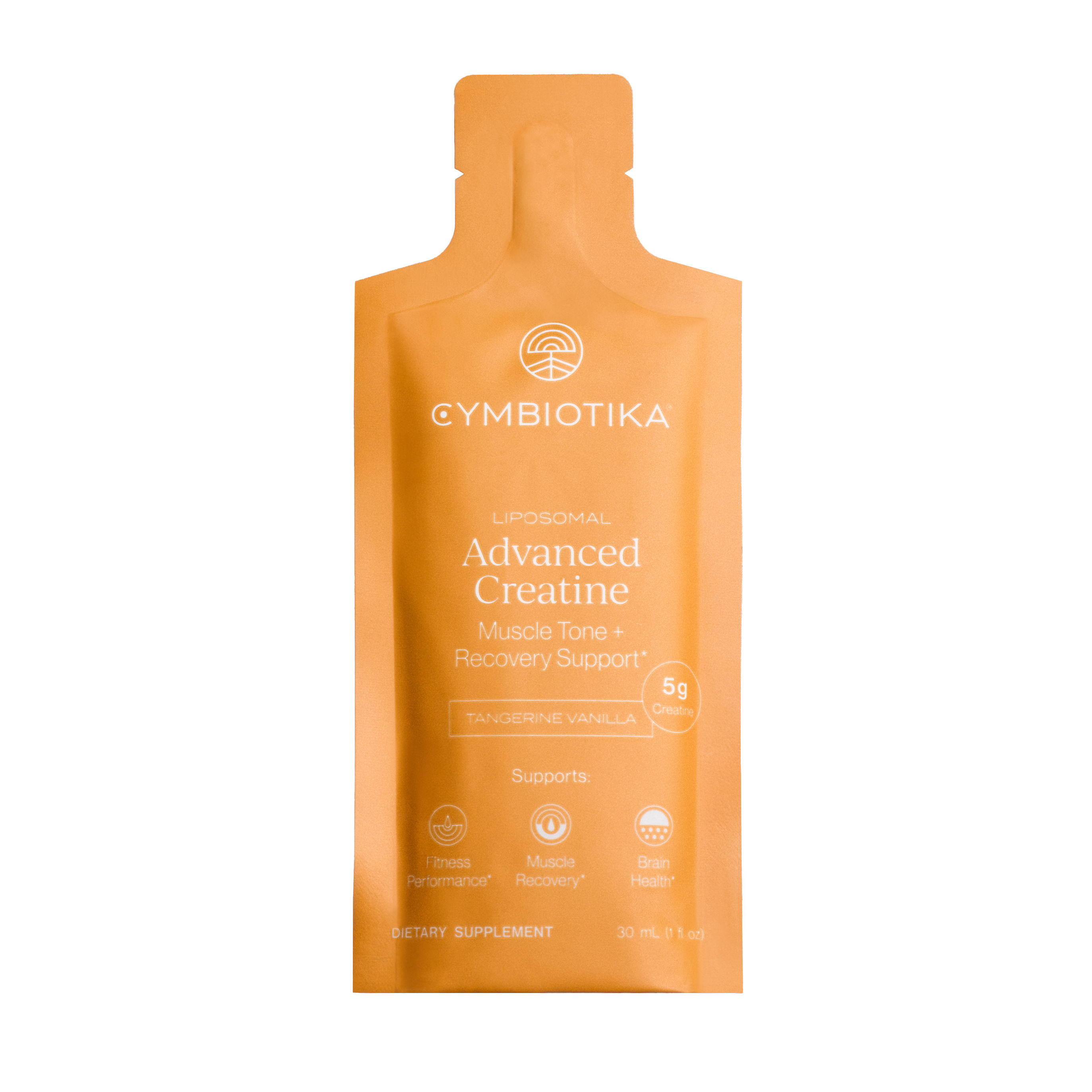 A single orange packet of Cymbiotika Liposomal Advanced Creatine in Tangerine Vanilla flavor, on a white background.