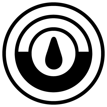 A black and white icon of a circular gauge with a teardrop-shaped pointer facing up.