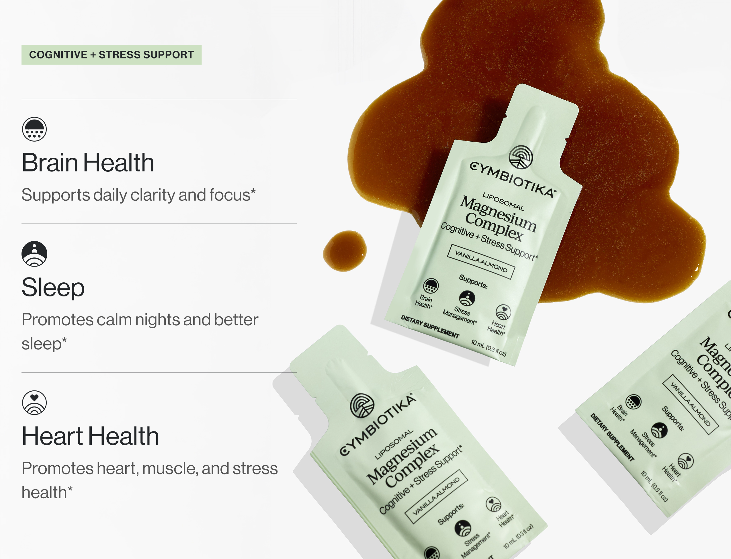 An ad for Cymbiotika Liposomal Magnesium Complex showing packets and text listing benefits for brain, sleep, and heart.