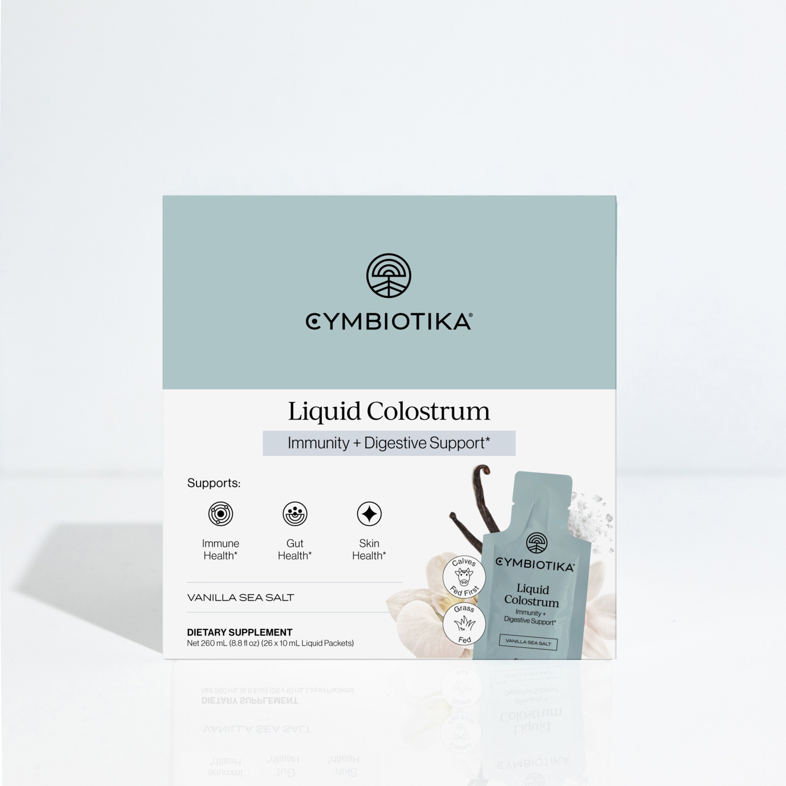 Cymbiotika Liquid Colostrum packaging with description and benefits icons.