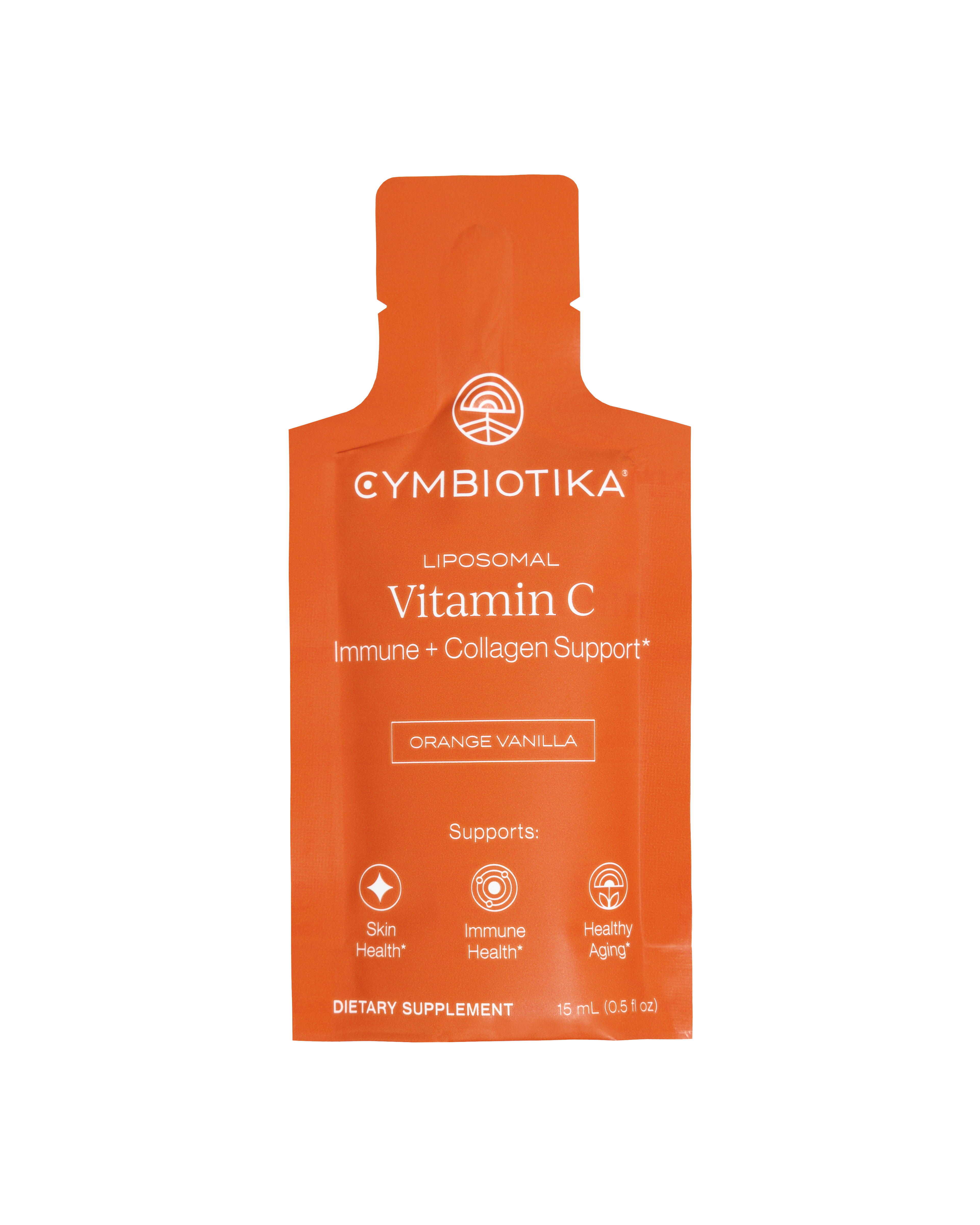A single orange packet of Cymbiotika Liposomal Vitamin C, an orange vanilla flavored dietary supplement.