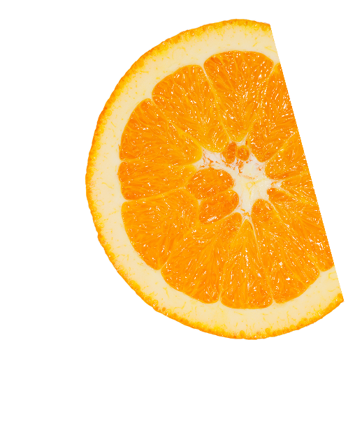 A close-up of a partial slice of an orange against a white background.