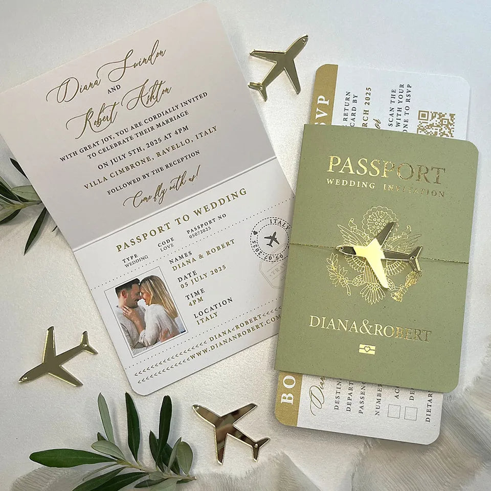 Wedding invitation styled as a passport with gold airplane decorations.
