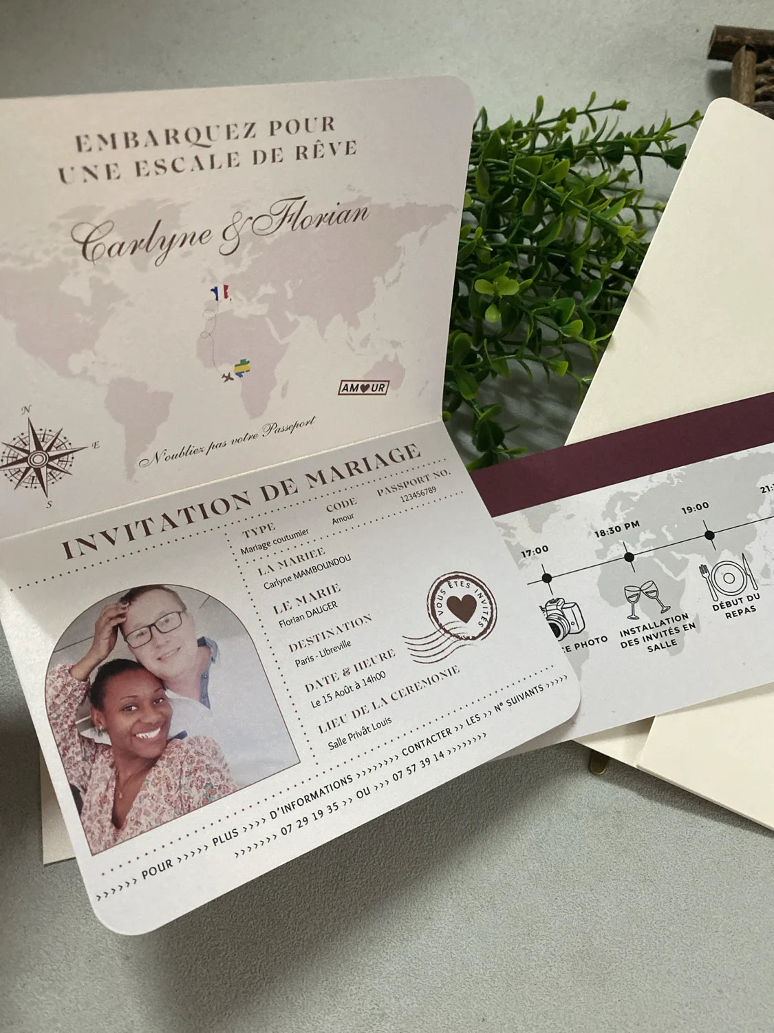 Wedding invitation designed like a passport with a couple's photo and event details.