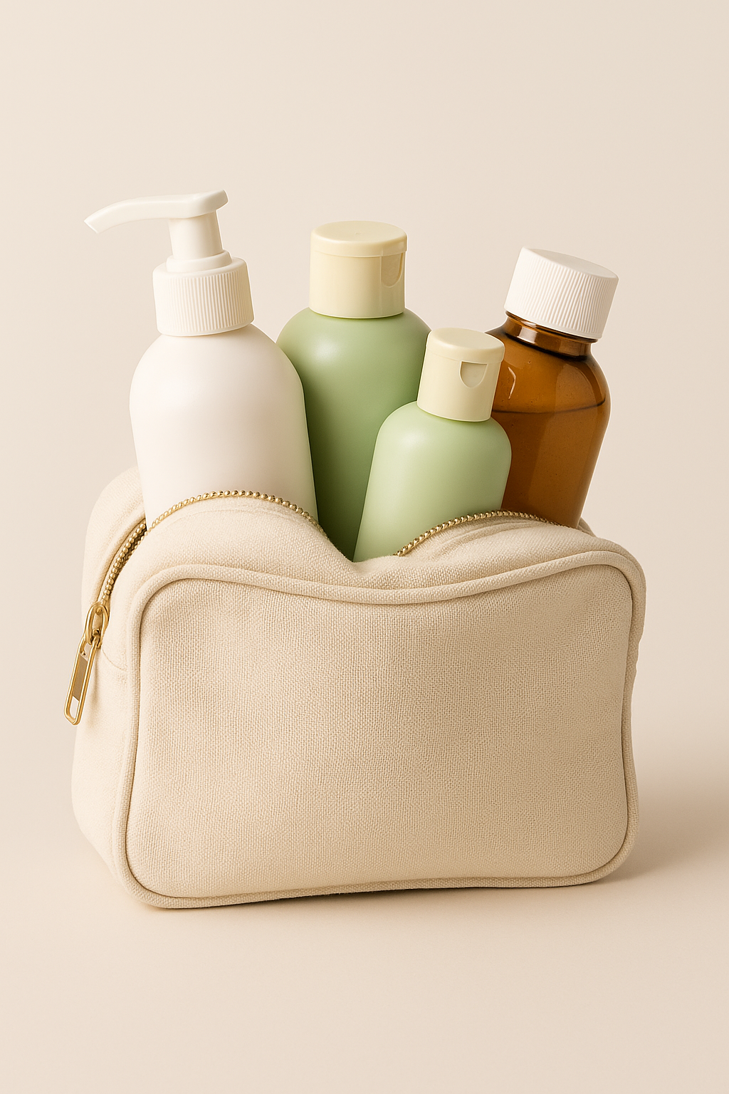 A toilet bag exploding with heavy plastic shampoo bottles and not closing