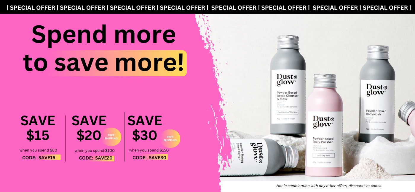 Promotional image with discounts and Dust & Glow product bottles on pink and white background.
