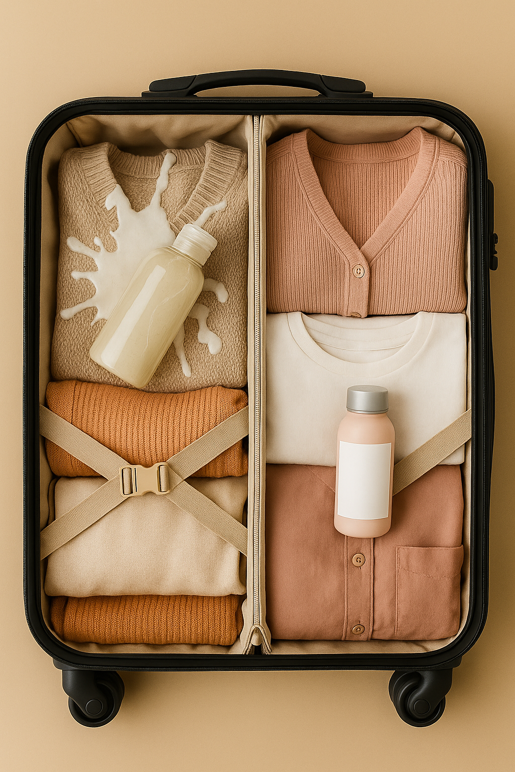 Open suitcase with neatly folded clothes and two bottles inside.